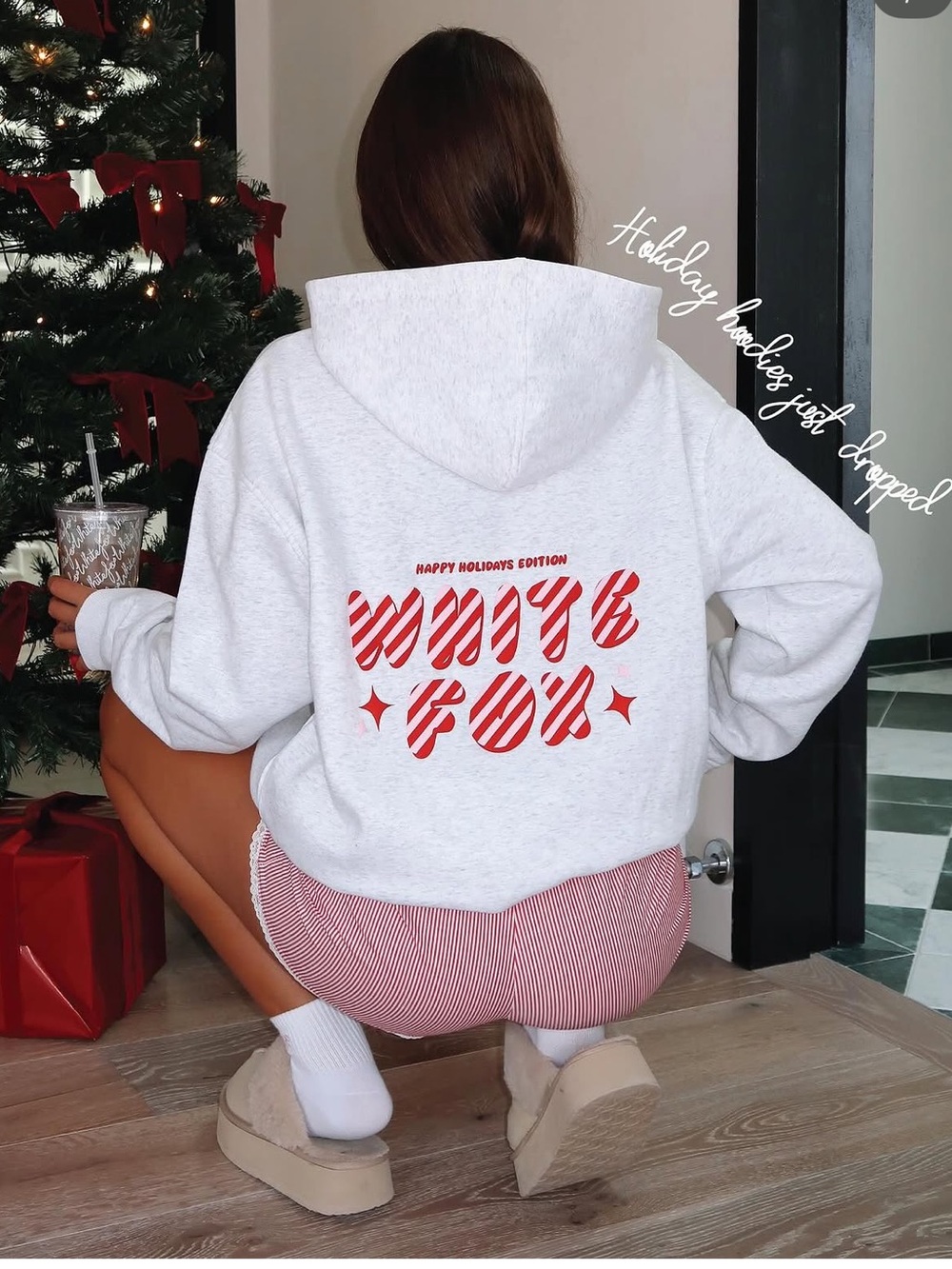 White Fox Boutique White Hoodie with Red Holiday Logo